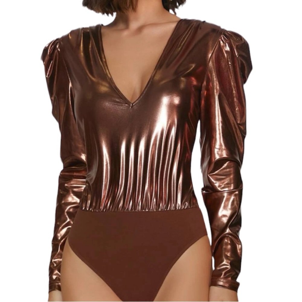 BRONZE PLUNGING NECKLINE GIGOT SLEEVE BODYSUIT